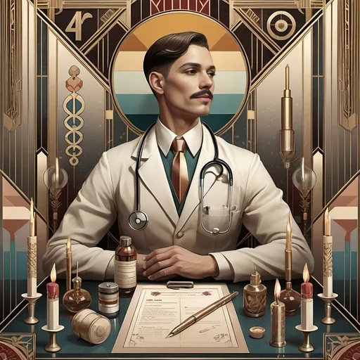 Prompt: Art Deco-style portrait, (transgender doctor), warm color scheme, richly detailed, elegant lines and geometric shapes, vintage aesthetic, symbolic motifs, showcasing the contributions to society, vibrant golds and deep reds, intricate background with floral elements, (highly stylized), soft lighting for a nostalgic atmosphere, celebrating identity and achievements, 4K, ultra-detailed.