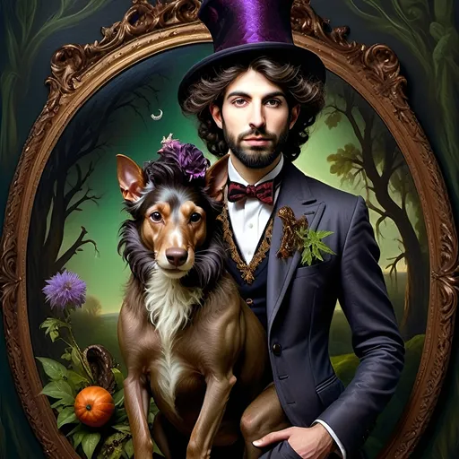 Prompt: (honoring Nuit), moon and stars) captivating handsome man magician, pointed witch hat, facial features highlighted, elegant beard, (renaissance baroque painting style), dark mystical background, rich deep colors with dramatic contrast, elements of Halloween celebration in still life arrangement, enigmatic ambiance, intricate shadows and light, (highly detailed), evoking intrigue and enchantment.