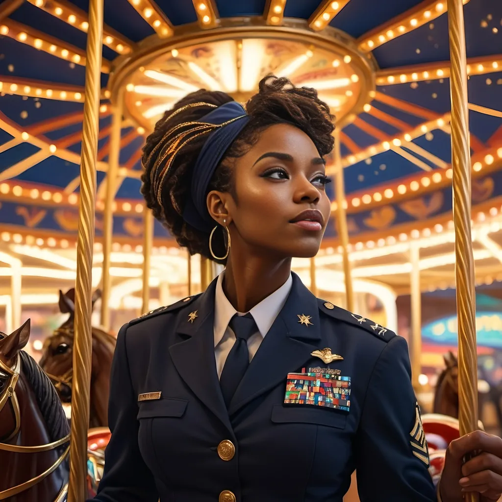 Prompt: a painting of a black woman in Navy uniform on a carousel with horses and carousel lights in the background and a carousel with carousel lights, Dorning Rasbotham, afrofuturism, official art, a painting