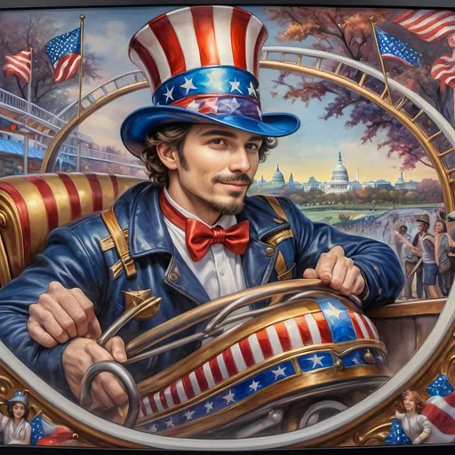 Prompt: (A Seven Wonders Art Glass Studio masterpiece) painting of a man wearing a patriotic hat, (thrilling pose) riding the Freedom rollercoaster, (vibrant colors), scenic background of Freedom Park in D.C., (dynamic movement), celebrating freedom, eternal spark of joy, whimsical ambiance, soft warm lighting, highly detailed, clarity, engaging and joyful atmosphere, surrounded by delighted visitors, landmarks in the distance.