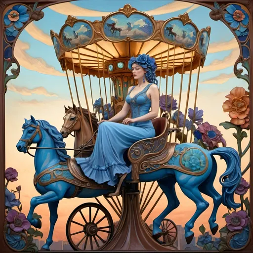 Prompt: Carousel of Diversity, (art nouveau style), (vibrant color scheme), a woman in a wheelchair joyously riding a beautifully crafted carousel with ornate horses, (blue flower in her hair), (Caroline Chariot-Dayez), figurative art, dystopian elements blending with art deco sculpture, whimsical yet haunting ambiance, richly detailed background with whimsical flowers and muted sky illuminating with warm tones, (ultra-detailed).