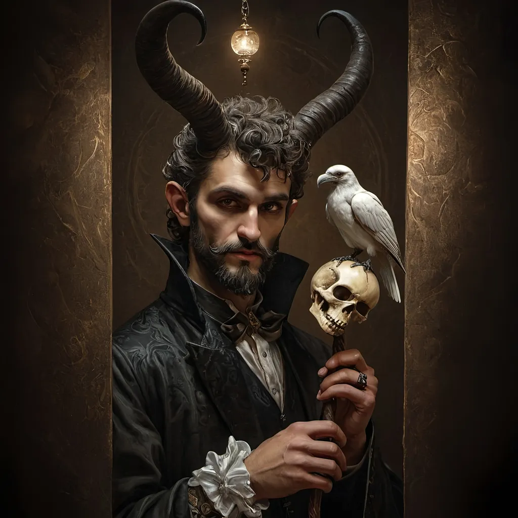 Prompt: (Renaissance still life), (man magician satyr), (dark color scheme), (elegant pose), (horns), holding a cane with skull orc, (crow perched on his shoulder), intricate details, moody ambiance, dim celestial lighting, rich textures, dramatic shadows, (stylized cane topped with a skull orb), ultra-detailed, high quality, evocative atmosphere.