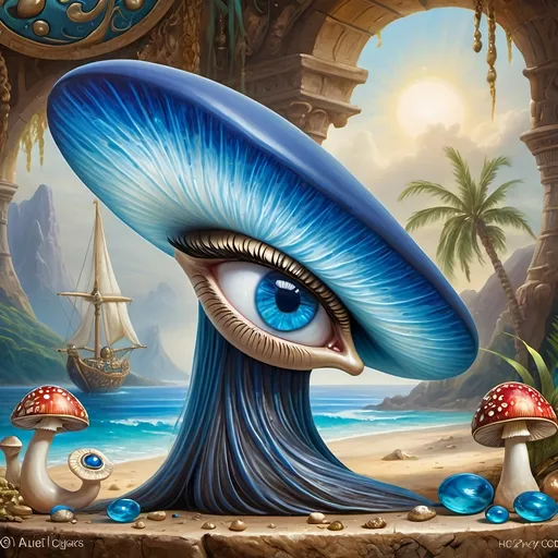 Prompt: (7 Wonders Art Glass Studio masterpiece oil painting), a magical mushroom, blue shell, blue eye (Eye of Horus), enchanting atmosphere, vibrant colors, surreal details, whimsical elements, mystical background, soft lighting, HD resolution, captivating composition, dreamlike surroundings, colorful expression, intricate textures, nature-inspired themes, rich artistic depth, alive with creativity.