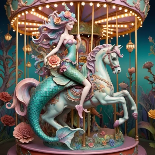 Prompt: (whimsical mermaid statue), riding a vibrant carousel, delicate carousel horse in the background, fantastical colors and intricate details, (surrealist elements), (Daniel Merriam style), playful atmosphere, dreamy ambiance, intricate metalwork, adorned with vibrant flowers, enchanting lighting with soft pastel shades, (ultra-detailed), (pop surrealism influence), imaginative composition, enchanting whimsical scene.