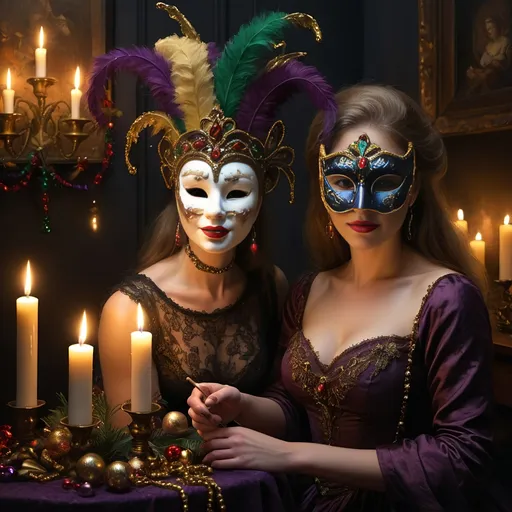 Prompt: (Marci Gras Christmas), (masks), (Ernest William Christmas), dramatic lighting, flickering candles casting a warm glow, rich textures reminiscent of the Renaissance, deep, moody shadows, ultra-detailed, high-quality brushwork, evocative use of chiaroscuro, intricate details that capture festive emotions, masterful mixing of vibrant and muted tones, visual narrative celebrating the holiday spirit in exquisite fine art style.