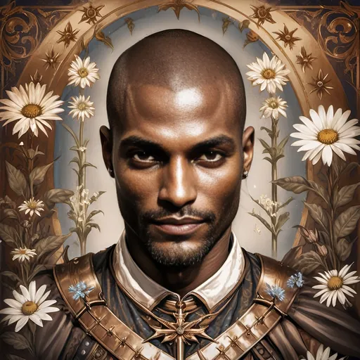 Prompt: Renaissance painting of a (knight laying on the ground), gripping a (sword in hand), surrounded by (daisies in the foreground), characterized by (misc-macabre style), (dark color scheme), inspired by (Anne Stokes), (fantasy art), (storybook illustration), moody ambiance, vibrant detailed textures, (ultra-detailed), dramatic shadows, rich depth, a hauntingly beautiful scene.