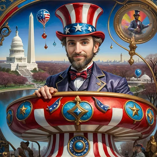 Prompt: A (masterful) Seven Wonders Art Glass Studio painting, depicting a (charming) magician man in a (patriotic) top hat, joyfully riding a rollercoaster in Liberty Park, featuring vibrant colors and whimsical elements, with a prominent Washington Monument in the background, intricately integrated with the phrase (accurately spelled text "Yankee Doodle"), all while encapsulating the theme of (honoring Nuit and the Aeon of Horus), ultra-detailed, colorful and dynamic atmosphere.