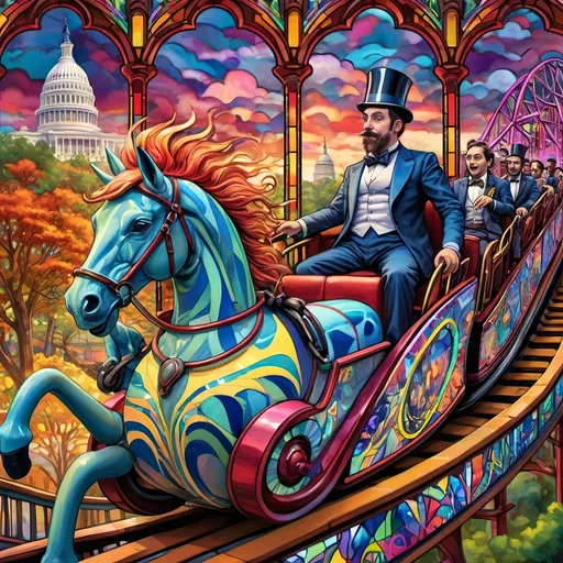 Prompt: (psychedelic art style), magicians riding a roller coaster, vibrant color scheme, whimsical atmosphere, capturing surprise photos,  intricate fine details, amusement park titled "Liberty Park" in D.C., stunning stained glass coaster, fantastical clouds floating, kaleidoscopic visuals, surreal happiness, exciting energy, high contrast colors, ultra-detailed, dreamlike scenery, bountiful whimsy, inviting yet thrilling ambiance.