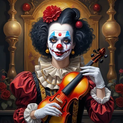 Prompt: a painting of a dark headed female clown with a gold violin and a ball in front of him, with a red clown's face painted on it, magical ambiance, friendly, highly detailed digital painting, an ultrafine detailed painting.  Add Renaissance background.  Adorn with mystic florals.  Add moon influences.  Add influences of the God Nuit in the following manner.  