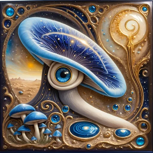 Prompt: (7 Wonders Art Glass Studio masterpiece), oil painting, (honoring Nuit), magical mushroom, blue shell, blue eye (Eye of Horus), vibrant colors, dreamy atmosphere, intricate details, mystical background with swirling galaxies, ethereal glow illuminating the mushroom, (ultra-detailed), high quality, enchanting and enchanting ambiance.