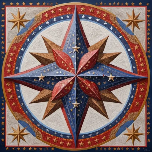 Prompt: (detailed painting), (symbolic star), vibrant colors of the United States, intricate symbols representing America, rich textures, depth in colors, blend of traditional and modern regionalism themes, expressing unity and diversity, profound visual storytelling, captures the essence of American identity, ultra-detailed, a masterpiece celebrating the spirit of the nation.