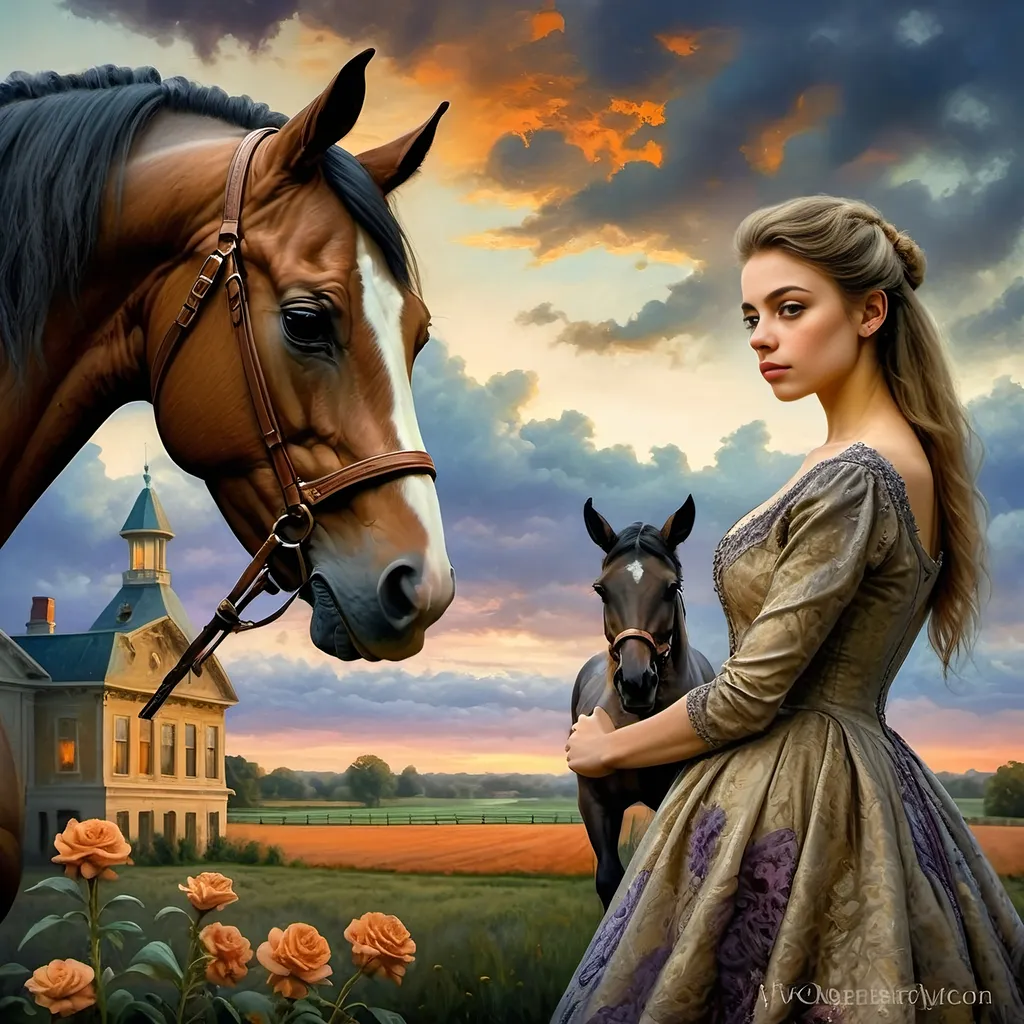 Prompt: (Honoring Nuit), highly detailed (oil painting), thoroughbred horse (majestic posture) on a Kentucky farm, stunning evening dusk lighting, soft illuminated clouds, warm hues of orange and purple blending over fields, rich textures of horse's coat, serene rural landscape (tranquil atmosphere), lush greenery in the background, ultra-detailed, artistic masterpiece showcasing equine beauty at sunset.