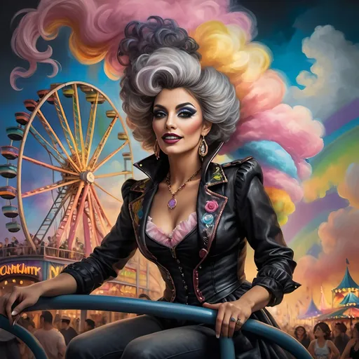 Prompt: (honoring nuit), a mesmerizing painting of colorful drag queens exuding joy and fabulousness while riding a roller coaster, vibrant (rainbow) painted on the side, a whimsical ferris wheel creating a festive atmosphere in the background, whimsical cotton candy clouds, (dynamic movement), warm pastel colors enhancing the lively scene, ultra-detailed, high-quality artwork capturing a celebratory ambiance.