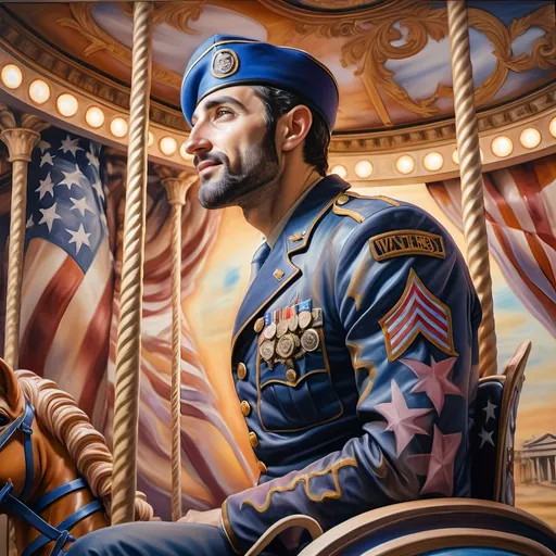 Prompt: (A Seven Wonders Art Glass Studio), oil renaissance painting, (vibrant colors), a man in military uniform, proudly riding on a Carousel of Heroes, surrounded by gracefully carved horses, soft, glowing ambiance, honoring veterans and those serving in the U.S. Military, warm golden lighting, intricate details in the uniform, carousel with richly adorned decorations, respectful atmosphere, high quality, ultra-detailed.