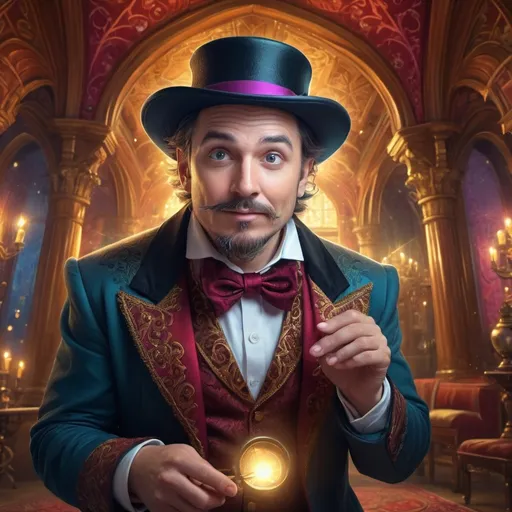 Prompt: (magician with top hat), (magical ambiance), intricate details, cheerful expression, (ultra-fine detailed digital painting), vibrant colors, dramatic lighting, Renaissance background with ornate architecture, whimsical elements, captivating aura, enchanting atmosphere, showcasing magical effects and sparkles, (4K), enchanting scene, visually stunning masterpiece.