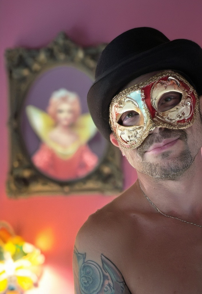 Prompt: a man with a mask on his face and a hat on his head, standing in a room with a mirror, Dave Arredondo, kitsch movement, david lazar, a portrait