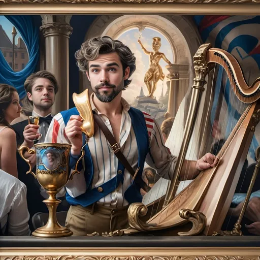 Prompt: Honoring Nuit, this is a Seven Wonders Art Glass Studio oil painting of a man with a beard holding a harp and a cup of wine next to a golden cup, Ditlev Blunck, neoclassicism, classical painting, a flemish Baroque.  Printing captures a mortal honoring the God Pan.