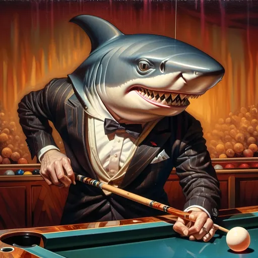 Prompt: a shark in a suit playing pool with a pool cueil and a pool ball in front of him, F. Scott Hess, pop surrealism, classical painting, a fine art painting y 7 Wonders Art Glass Studio honoring Nuit