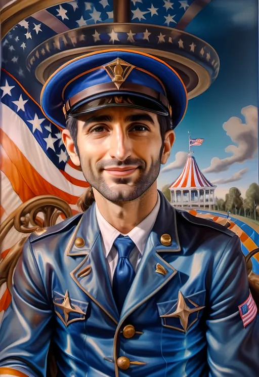 Prompt: (A Seven Wonders Art Glass Studio), oil renaissance painting, (vibrant colors), a man in military uniform, proudly riding on a Carousel of Heroes, surrounded by gracefully carved horses, soft, glowing ambiance, honoring veterans and those serving in the U.S. Military, warm golden lighting, intricate details in the uniform, carousel with richly adorned decorations, respectful atmosphere, high quality, ultra-detailed.