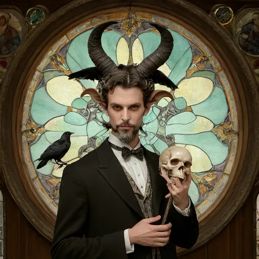 Prompt: Art Nouveau (style), pastel color scheme, a (man magician satyr) with (horns), holding a (skull) in one hand, a (crow perched on his shoulder), elegant pose, stylized cane topped with a (skull orb), intricate stained glass patterns and porcelain influences in the background, dreamy ambiance, (fluid lines), detailed, smooth textures, high quality, ultra-detailed watercolor techniques.