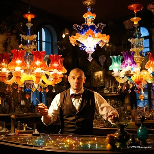 Prompt: (Baroque style) Glass Artisan and Magician, (vibrant colors), man wearing a magical top hat, carefully constructing enchanting magical lights in an intricate chandelier. Lush workshop setting, blending the magic of the real world with Murano’s artistry, (Venice), surrounded by stunning glass artworks, dramatic shadows, and a cozy ambiance, (ultra-detailed).