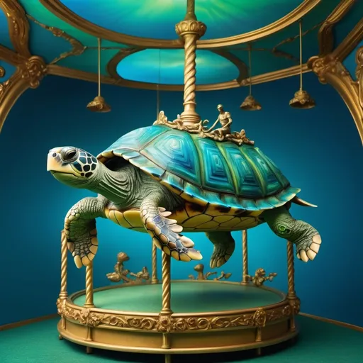 Prompt: (turtle on a carousel), (surrealist sculpture), vibrant blue and lush green backgrounds, (gold frame), whimsical atmosphere, high detail, pop surrealism, inspired by Chris LaBrooy, imaginative composition, extraordinary depth, astonishing textures, dreamy lighting effects, unique surreal photography style, splendid craftsmanship, captivating expression, ultra-detailed, 4K resolution.