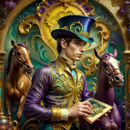 Prompt: (7 Wonders Art Glass Studio), whimsical portrayal of a (magician), clad in a striking (purple suit) and elegant (top hat), gracefully holding a captivating (spell book), surrounded by whimsical (tea cups) and enchanting (magical objects), vibrant colors, detailed and intricate artistry, atmospheric and mystical ambiance, (fourth-wall breaking), ultra-detailed, high-resolution masterpiece portraying enchanting wonder.