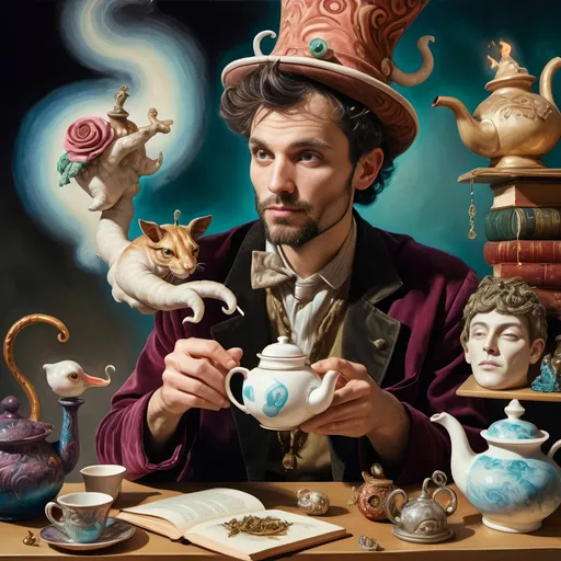 Prompt: (psychedelic still life portrait), a magician jack-in-the-box man, surrounded by (vibrant) teapots and enchanted magical items, items coming to life at a whimsical tea party, an open book exuding shimmering light in front of him, rich jewel tones, swirling patterns, otherworldly atmosphere, 4K, ultra-detailed, dreamlike ambiance.