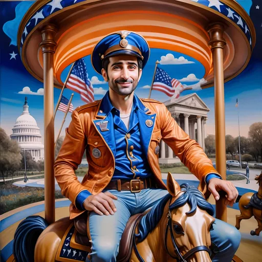 Prompt: (A Seven Wonders Art Glass Studio), oil renaissance painting, (vibrant colors), a man in military uniform, proudly riding on a Carousel of Heroes, surrounded by gracefully carved horses, soft, glowing ambiance, honoring veterans and those serving in the U.S. Military, warm golden lighting, intricate details in the uniform, carousel with richly adorned decorations, respectful atmosphere, high quality, ultra-detailed.