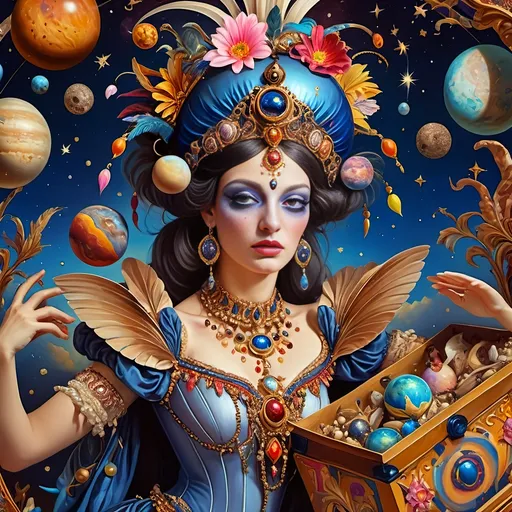 Prompt: (oil painting) a stunning masterpiece, (Renaissance), surreal depiction of the Goddess Nuit represented by a Jack-in-the-Box, intricately dressed, emerging from a beautifully designed box, (cosmic themes) sewing the seeds of the universe, embellishing the scene with vibrant planets and celestial bodies, breathtaking colors, whimsical atmosphere, elaborate details, ultra-detailed, 4K quality.