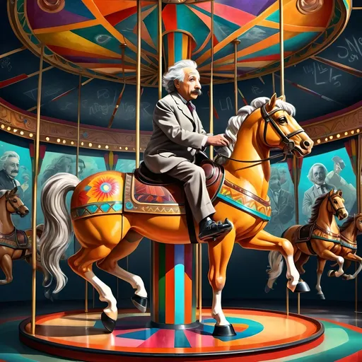 Prompt: Carousel of Science, (vibrant art deco style), (highly detailed) digital painting, Albert Einstein on a carousel, horse riding in front, intricate chalkboard in the background, colorful geometric patterns, dynamic composition, sharp lines, depth in shadows and highlights, ultra-fine details, captivating atmosphere, visually striking, evoking curiosity and wonder, HD quality.