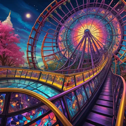 Prompt: (psychedelic art style), magicians riding a roller coaster, vibrant color scheme, enchanting whimsy, sparkle of surprise photos, intricate fine details, fantastical amusement park "Liberty Park" in D.C., dazzling stained glass coaster reflecting light, swirling patterns, immersive dreamlike experience, fantastical scenery around, high energy, ultra-detailed, 4K quality, radiant colors, magical ambiance.