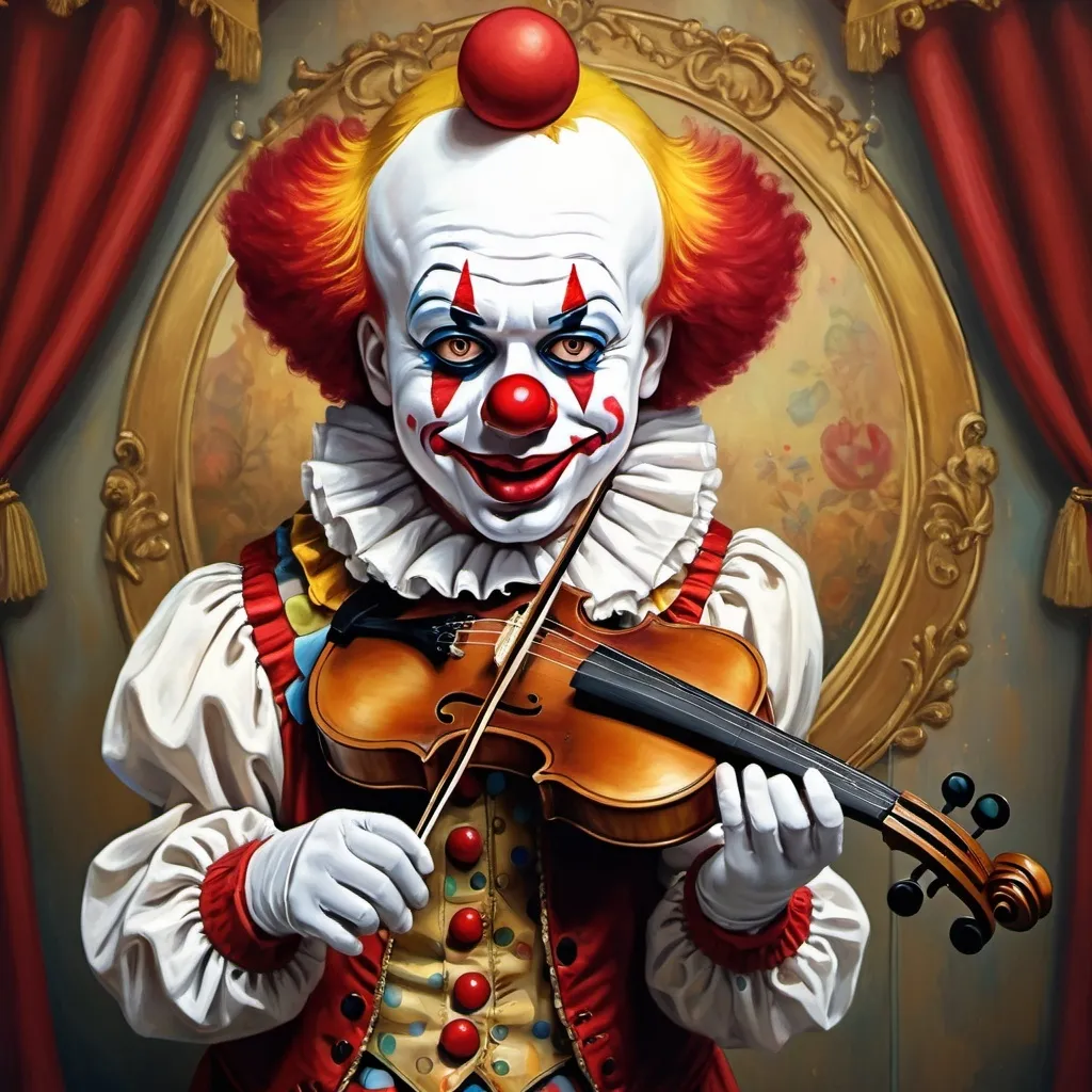 Prompt: a painting of a clown with a gold violin and a ball in front of him, with a red clown's face painted on it, magical ambiance, friendly, highly detailed digital painting, an ultrafine detailed painting.  Add Renaissance background.  Adorn with mystic florals