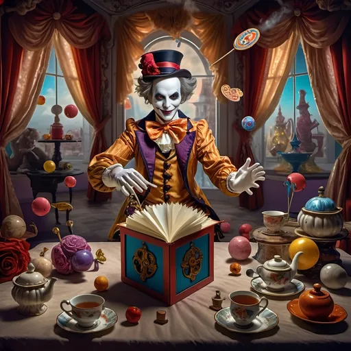 Prompt: (Still life portrait) of a magician jack-in-the-box man, (psychedelic style), vibrant color scheme, surrounded by whimsical teapots and floating magical items, colorful tea party atmosphere, (open book) in front, enchanting details unfolding, dreamy background, magical surrealism, explosive color contrasts, (ultra-detailed) composition, captivating light effects, cheerful yet enchanting mood, an exploration of imagination and wonder.