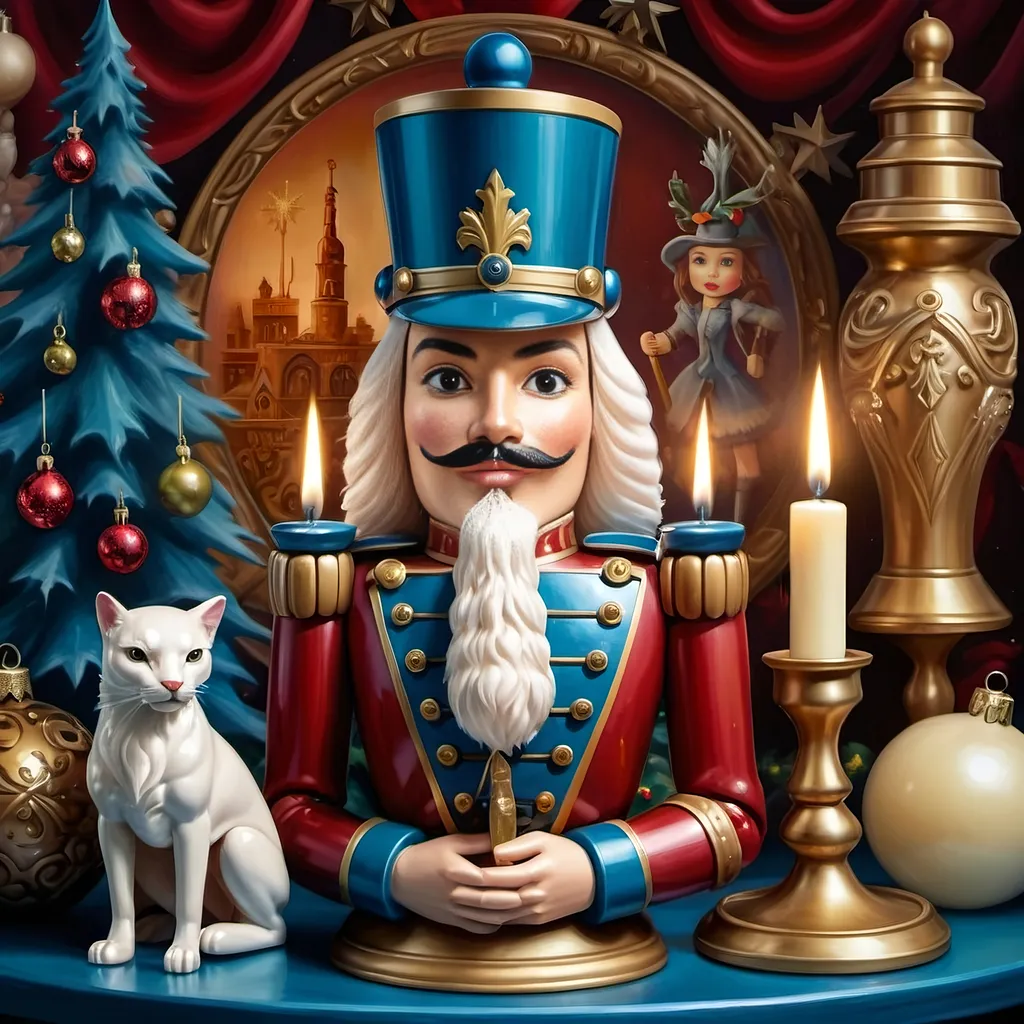 Prompt: a nutcracker with a candle and a candle holder in front of it, surrounded by christmas decorations, Anne Stokes, pop surrealism, extremely detailed oil painting, an airbrush painting