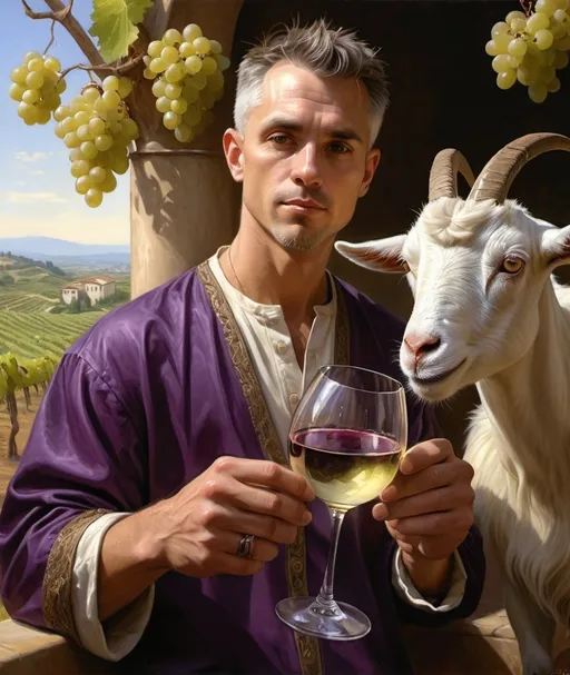 Prompt: a painting of a man holding grapes and a goat with a wine glass in his hand and a painting of a vineyard behind him, Donato Giancola, figurative art, highly detailed digital painting, a photorealistic painting