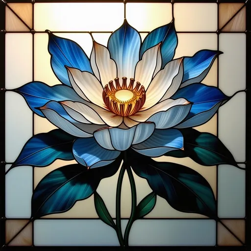 Prompt: (A Seven Wonders Art Glass Studio stained glass window), featuring a radiant flower at its center with lush blue petals, heightening the vibrant colors of intricate designs. (Exquisite detail), showcasing the beauty of the arts and crafts movement and sentence Baroque style, enveloped in softly diffused light. (Ultra-detailed, high quality), emphasizing rich textures and patterns for a breathtaking visual impact.