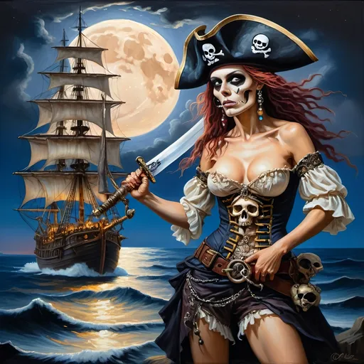 Prompt: (A oil painting masterpiece) A pirate lesbian woman, fierce expression, clutching a skull and sword, (dynamic pose, intricate details), in front of an imposing ship, illuminated by a (mystical full moon) backdrop. Rich, deep colors capture the essence of Nuit, (Renaissance influence) enhances the celebration of night, creating an atmospheric, dramatic scene. Ultra-detailed, visually striking.