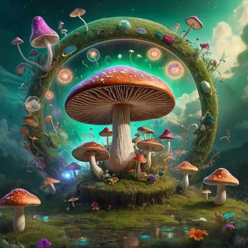 Prompt: (psychedelic mushroom) surrounded by a surreal mix of floating elements in the sky and whimsical objects on the ground, vibrant colors in greens and vivid hues, (fantasy artwork) enchanting atmosphere, dreamy and imaginative vibe, intricate details, (digital art) glowing textures, high depth and ultra-detailed, immersive scene capturing an otherworldly essence.