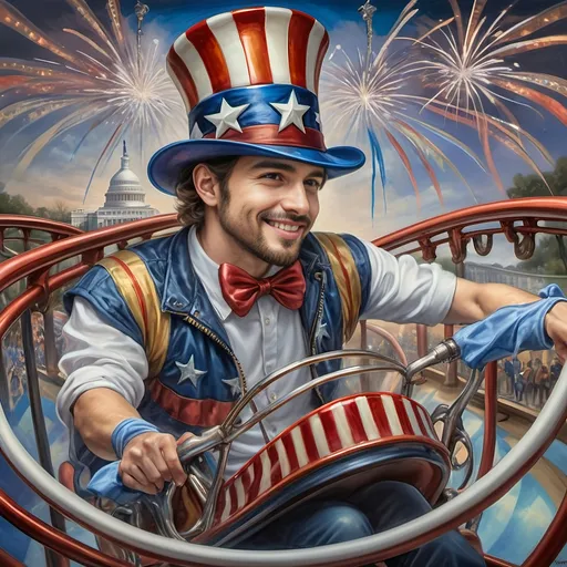 Prompt: (A Seven Wonders Art Glass Studio masterpiece) painting of a man wearing a patriotic hat, (thrilling pose) riding the Freedom rollercoaster, (vibrant colors), scenic background of Freedom Park in D.C., (dynamic movement), celebrating freedom, eternal spark of joy, whimsical ambiance, soft warm lighting, highly detailed, clarity, engaging and joyful atmosphere, surrounded by delighted visitors, landmarks in the distance.