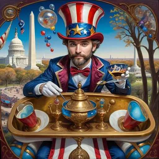 Prompt: A (masterful) Seven Wonders Art Glass Studio painting, depicting a (charming) magician man in a (patriotic) top hat, joyfully riding a rollercoaster in Liberty Park, featuring vibrant colors and whimsical elements, with a prominent Washington Monument in the background, intricately integrated with the phrase (accurately spelled text "Yankee Doodle"), all while encapsulating the theme of (honoring Nuit and the Aeon of Horus), ultra-detailed, colorful and dynamic atmosphere.