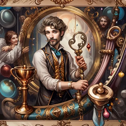 Prompt: (oil painting) Honoring Nuit, a man with a (wisdom-filled beard) holding a harp and a (rich) cup of wine, next to a (gilded golden cup), Ditlev Blunck's artisanal touch, (neoclassical elegance) with (Flemish Baroque influences). The atmosphere reflects reverence and beauty, drenched in (warm, golden tones), evoking the essence of a (divine encounter) that captures a mortal honoring the God Pan. Ultra-detailed, quintessential classical painting.