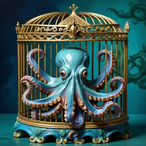 Prompt: (octopus in a cage), (gold crown on top), vibrant blue background, rich green backdrop, surrealist sculpture, infused with quirky elements, Craola’s artistic style, pop surrealism, imaginative atmosphere, captivating and whimsical vibe, highlights of intricate details, ultra-detailed composition, high-quality visual.