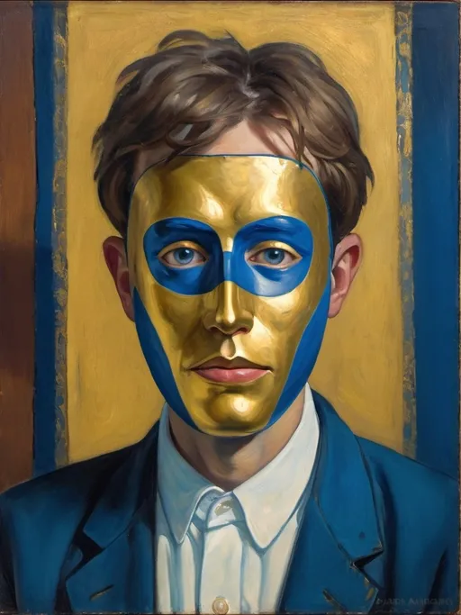 Prompt: a man wearing a blue and gold mask and a white shirt with a gold and blue design on it, Bernie D’Andrea, neo-fauvism, renaissance oil painting, a flemish Baroque