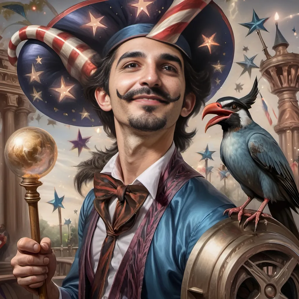 Prompt: A (captivating) oil painting depicting a (mysterious magician) with a (horned head), a (bird perched gracefully on his shoulder), holding a (beautifully crafted cane) and an (orb in his hand), beautifully capturing themes of (fantasy) and (transformation). Character portrait-style, influenced by (Clint Cearley's) signature artistry, with ethereal hues and (vivid detailing) honoring the legendary figures of (Pan and Nuit), set against a dreamy, (surreal background) that evokes wonder.