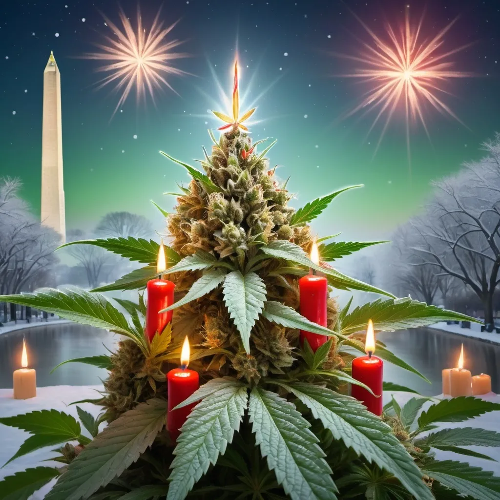 Prompt: a marijuana flowering bud decorated as a christmas tree with candles and a star above it with a snowy landscape in the background and a lit candle with Washington monument