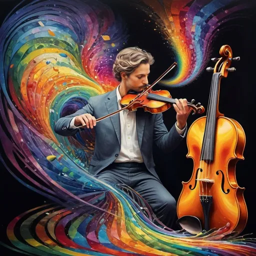 Prompt: art nouveau style, (vibrant colors), painting of a man playing violin, intricate items surrounding him, complex rainbow swirl background, (emotion of harmony and creativity), surreal depiction of sound waves as colors, rhythmic patterns, expressive facial features, ethereal ambiance, whimsical elements, (HD), highly detailed masterpiece.