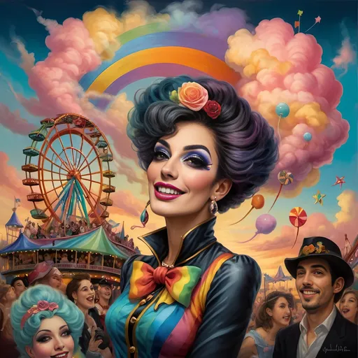 Prompt: (honoring nuit), a mesmerizing painting of colorful drag queens exuding joy and fabulousness while riding a roller coaster, vibrant (rainbow) painted on the side, a whimsical ferris wheel creating a festive atmosphere in the background, whimsical cotton candy clouds, (dynamic movement), warm pastel colors enhancing the lively scene, ultra-detailed, high-quality artwork capturing a celebratory ambiance.