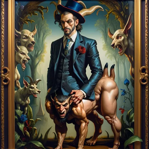 Prompt: (7 Wonders Art Glass Studio), (Renaissance portrait), half man, half goat, elegantly dressed in a suit and tie, beside a loyal dog, encased in a decorative frame adorned with vibrant flowers, lush forest background, exuding a mystical atmosphere, (esoteric themes), reverence for Nuit, high quality, masterful details, rich colors, atmospheric lighting, captivating composition.