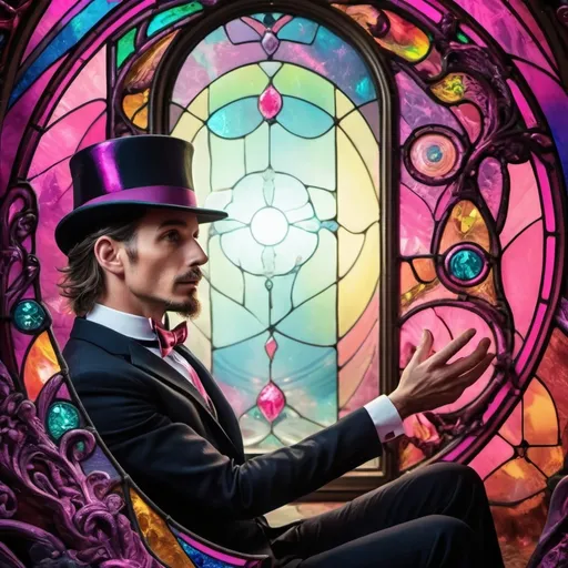 Prompt: (psychedelic art), magician man, (vibrant color scheme), pink top hat made of stained glass, tuxedo, enchanted stained glass magic portal mirror, colorful aura, swirling patterns, fantastical elements, dreamy atmosphere, intricate details, high contrast colors, HD quality, surreal ambiance, whimsical background, captivating reflections, alluring expression, intricate visual depth.